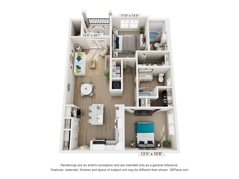 Floor plan for 2 beds, 2 baths, 1099 sqft